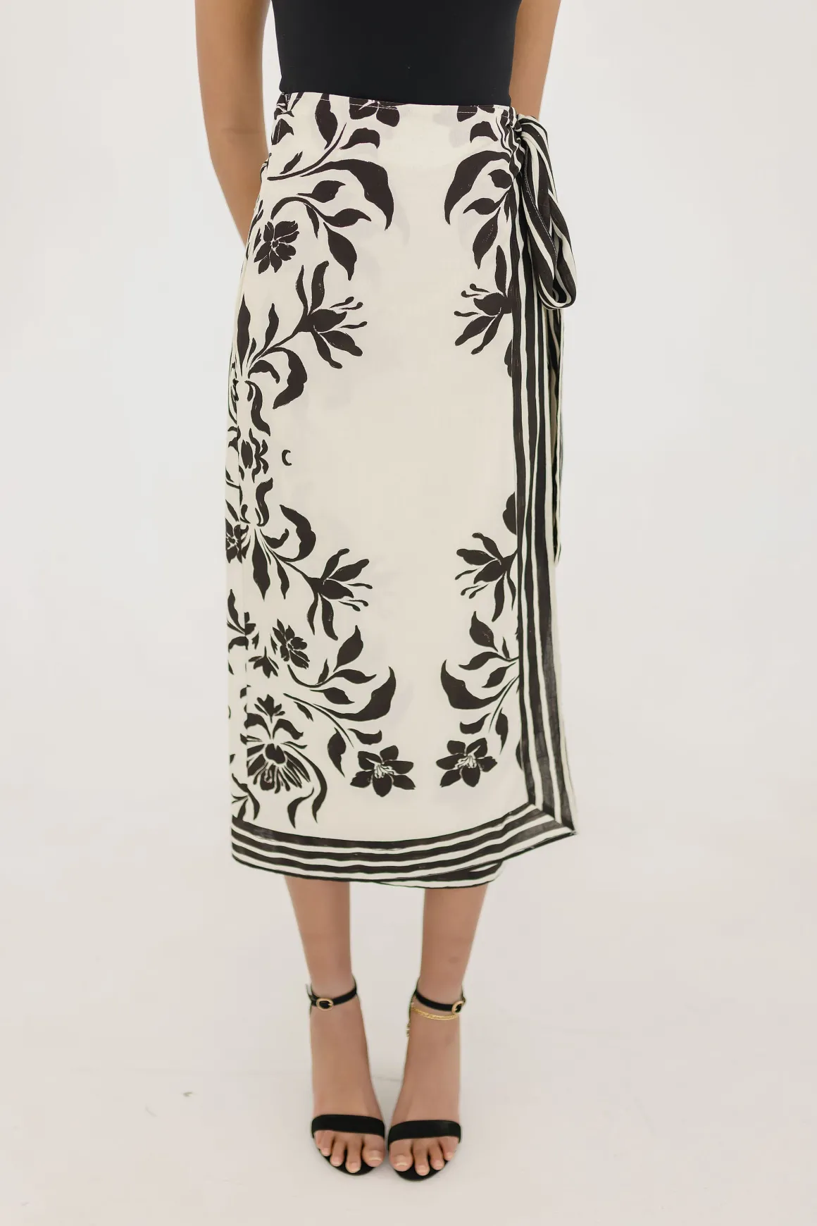 Kira High Waist Floral Print Linen Wrap Midi Skirt Cream