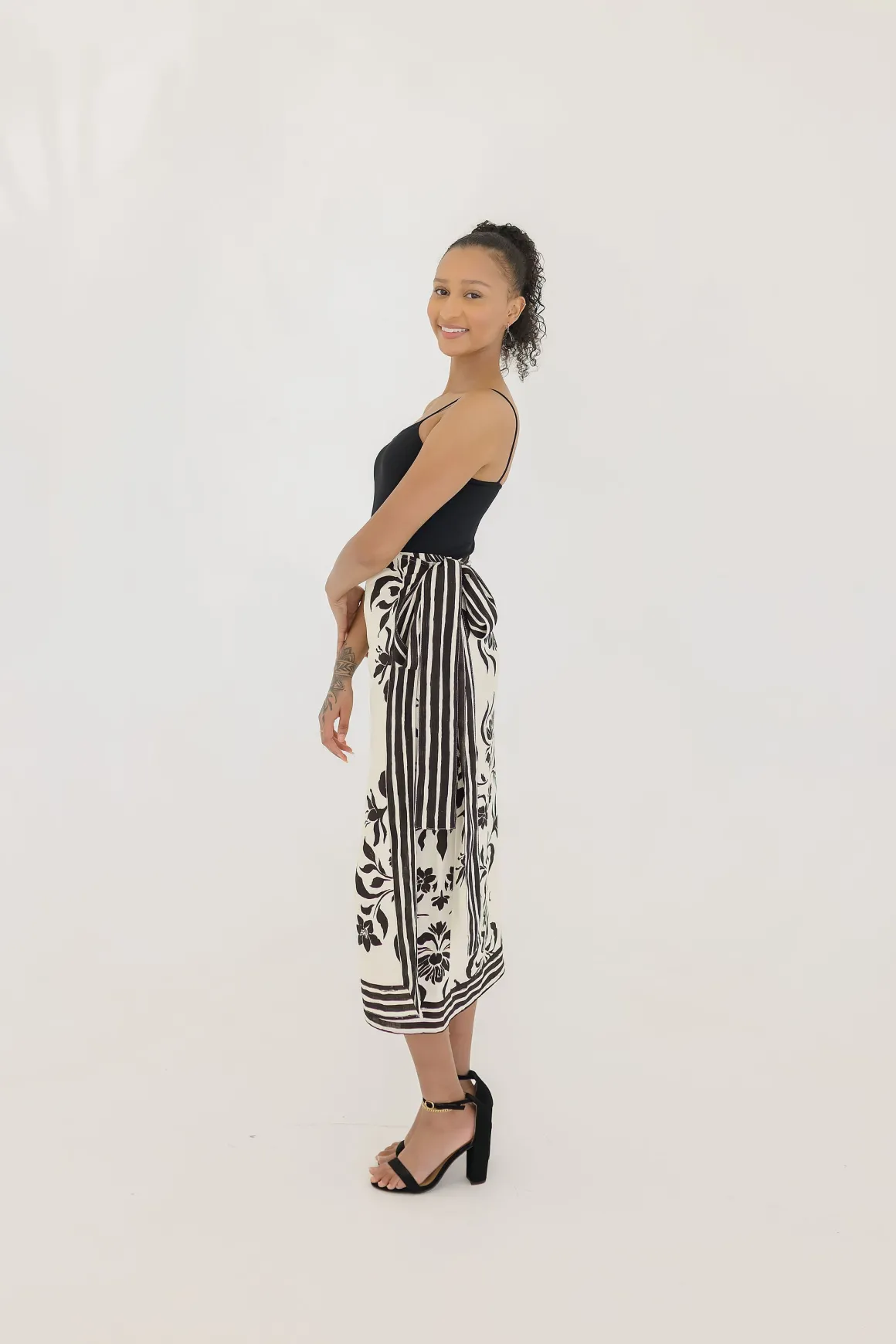 Kira High Waist Floral Print Linen Wrap Midi Skirt Cream