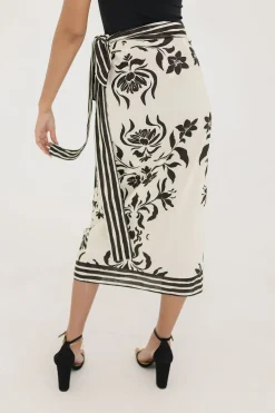 Kira High Waist Floral Print Linen Wrap Midi Skirt Cream