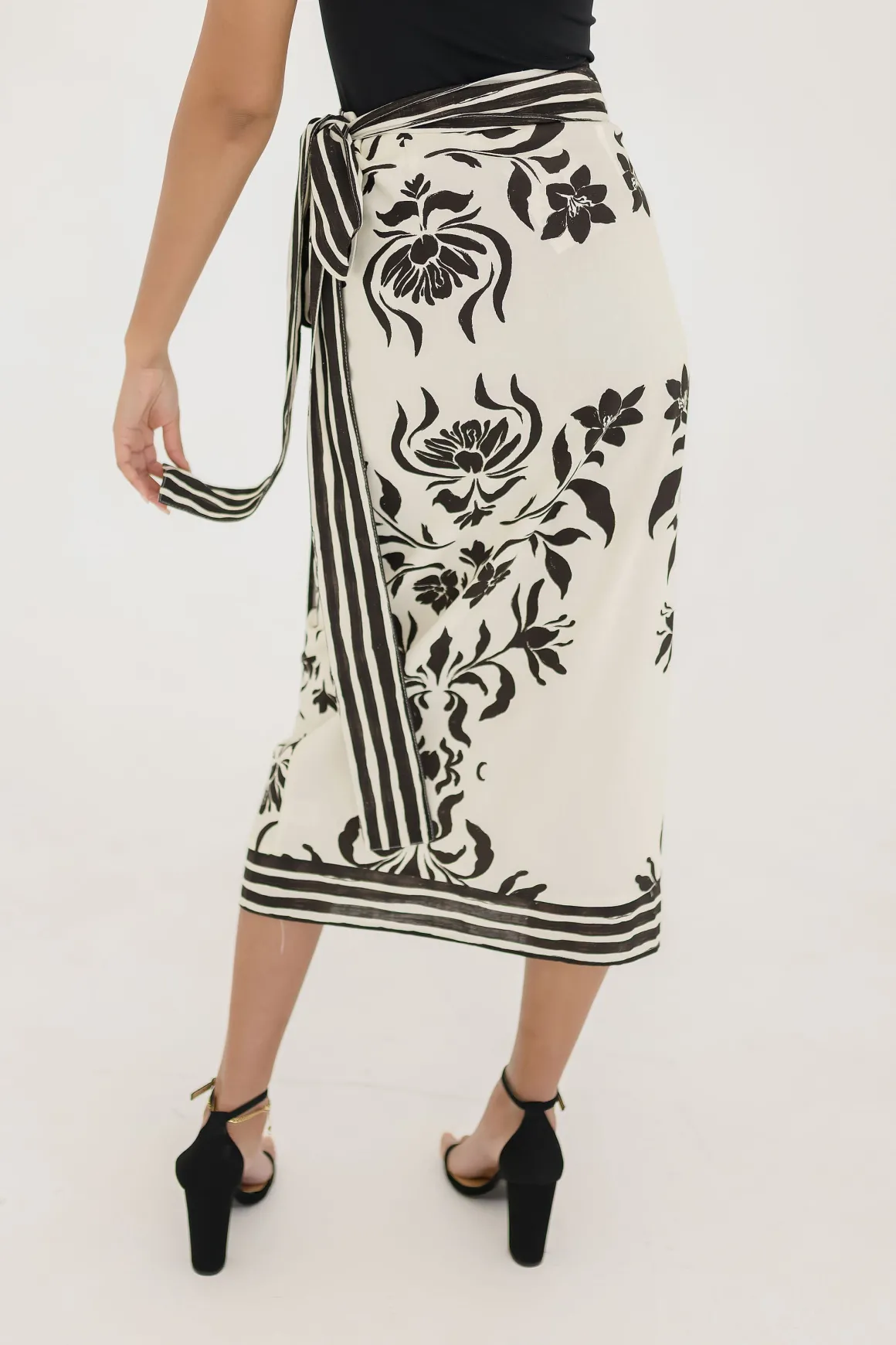 Kira High Waist Floral Print Linen Wrap Midi Skirt Cream