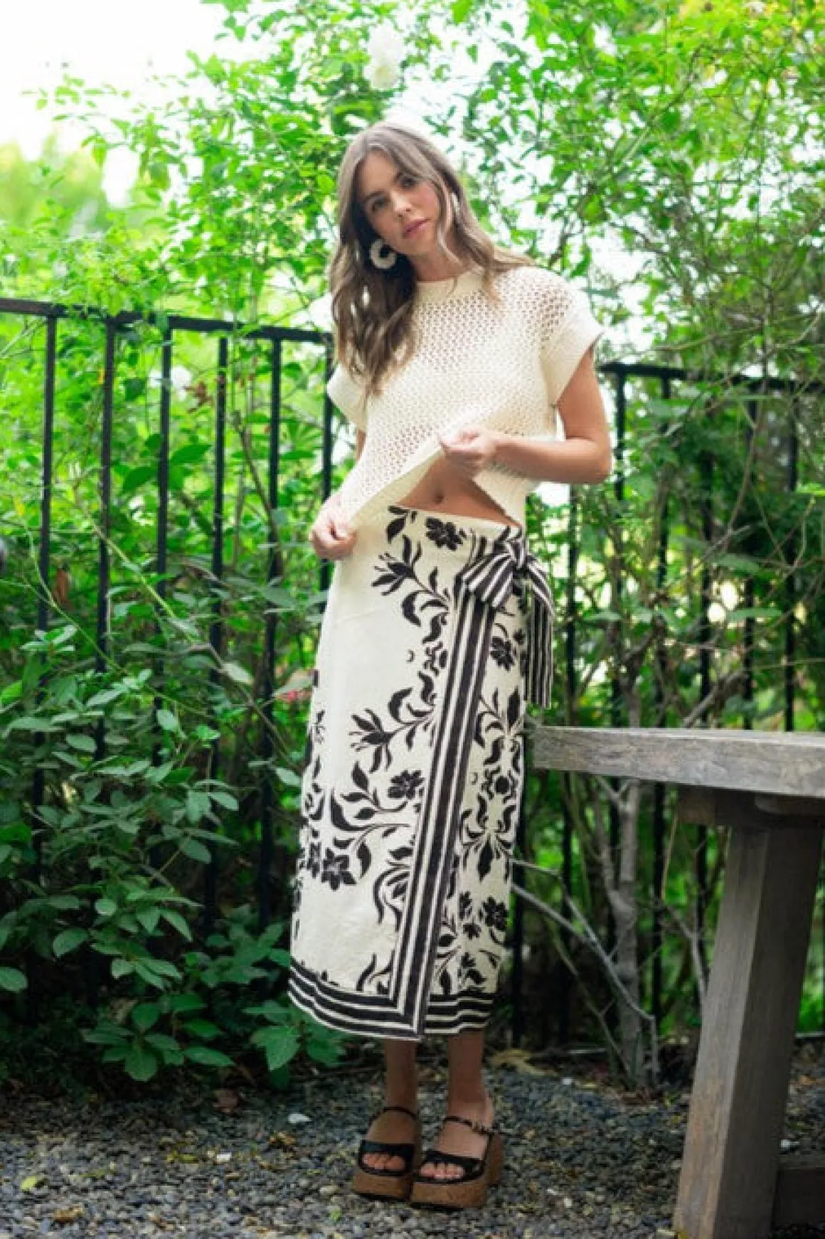 Kira High Waist Floral Print Linen Wrap Midi Skirt Cream