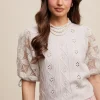 Kristi Short Puff Sleeve Pointelle Knit Sweater Top Stone
