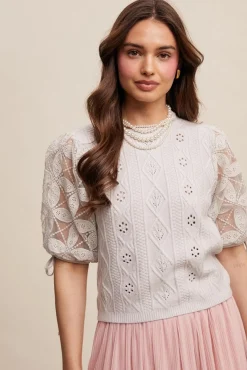 Kristi Short Puff Sleeve Pointelle Knit Sweater Top Stone