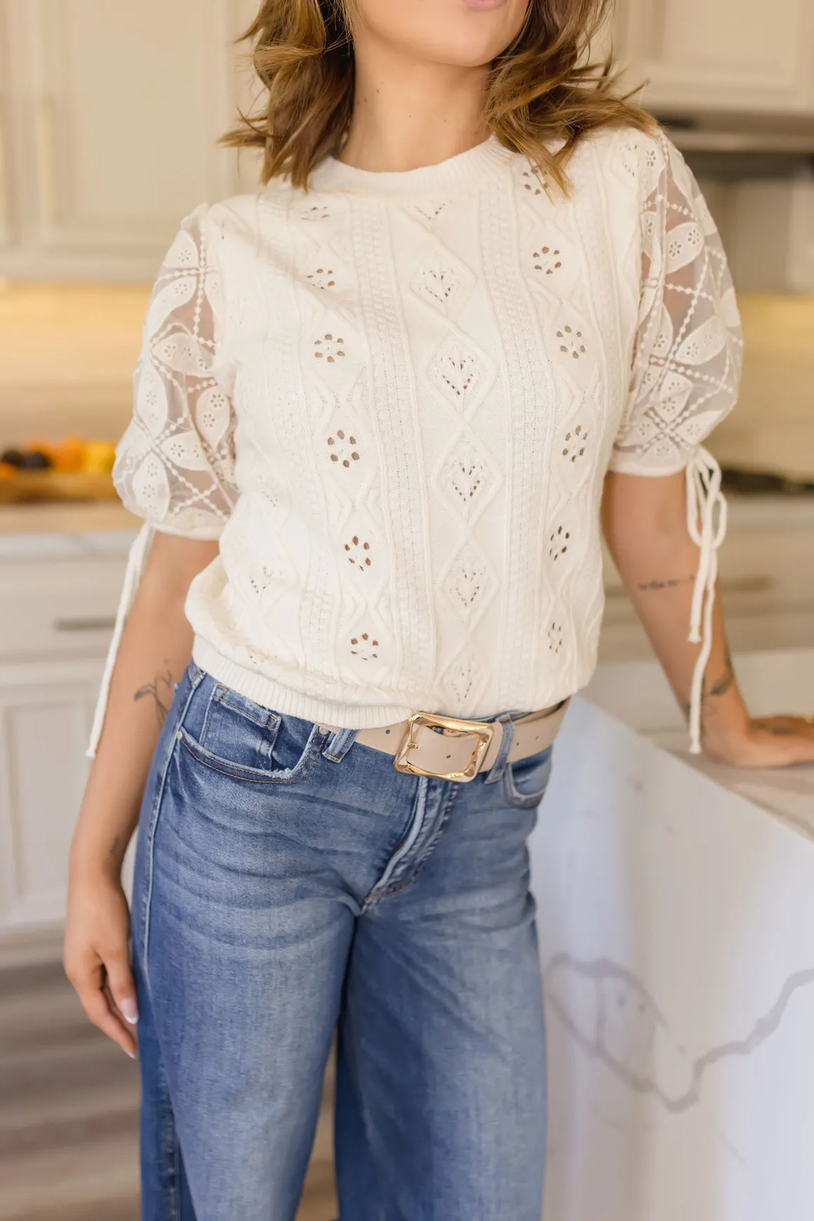 Kristi Short Puff Sleeve Pointelle Knit Sweater Top Cream
