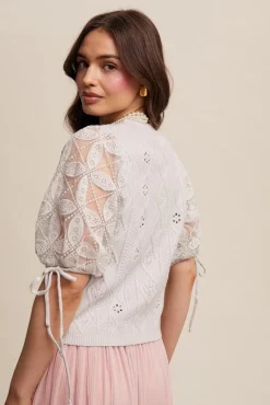 Kristi Short Puff Sleeve Pointelle Knit Sweater Top Stone