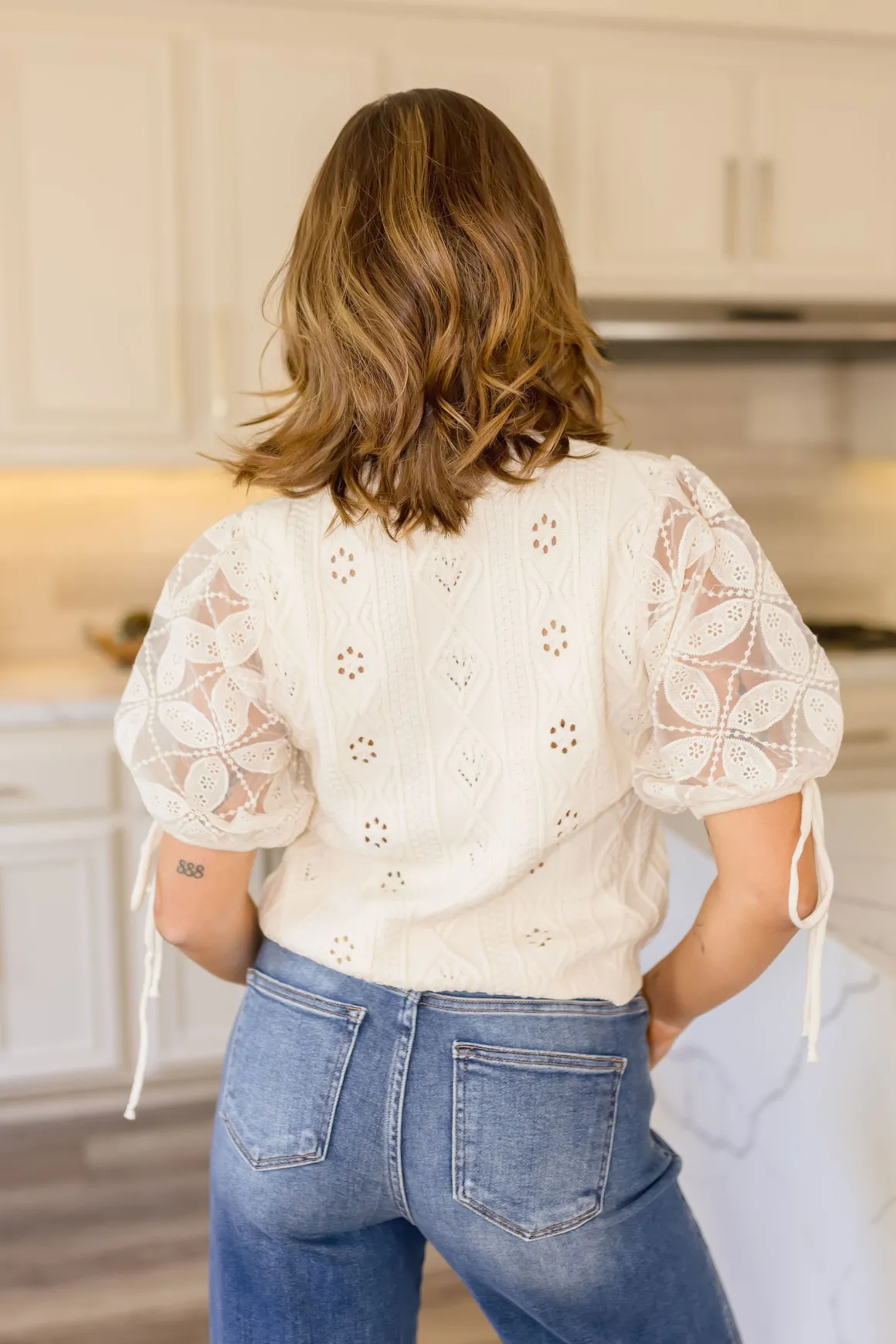 Kristi Short Puff Sleeve Pointelle Knit Sweater Top Cream