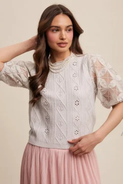 Kristi Short Puff Sleeve Pointelle Knit Sweater Top Stone