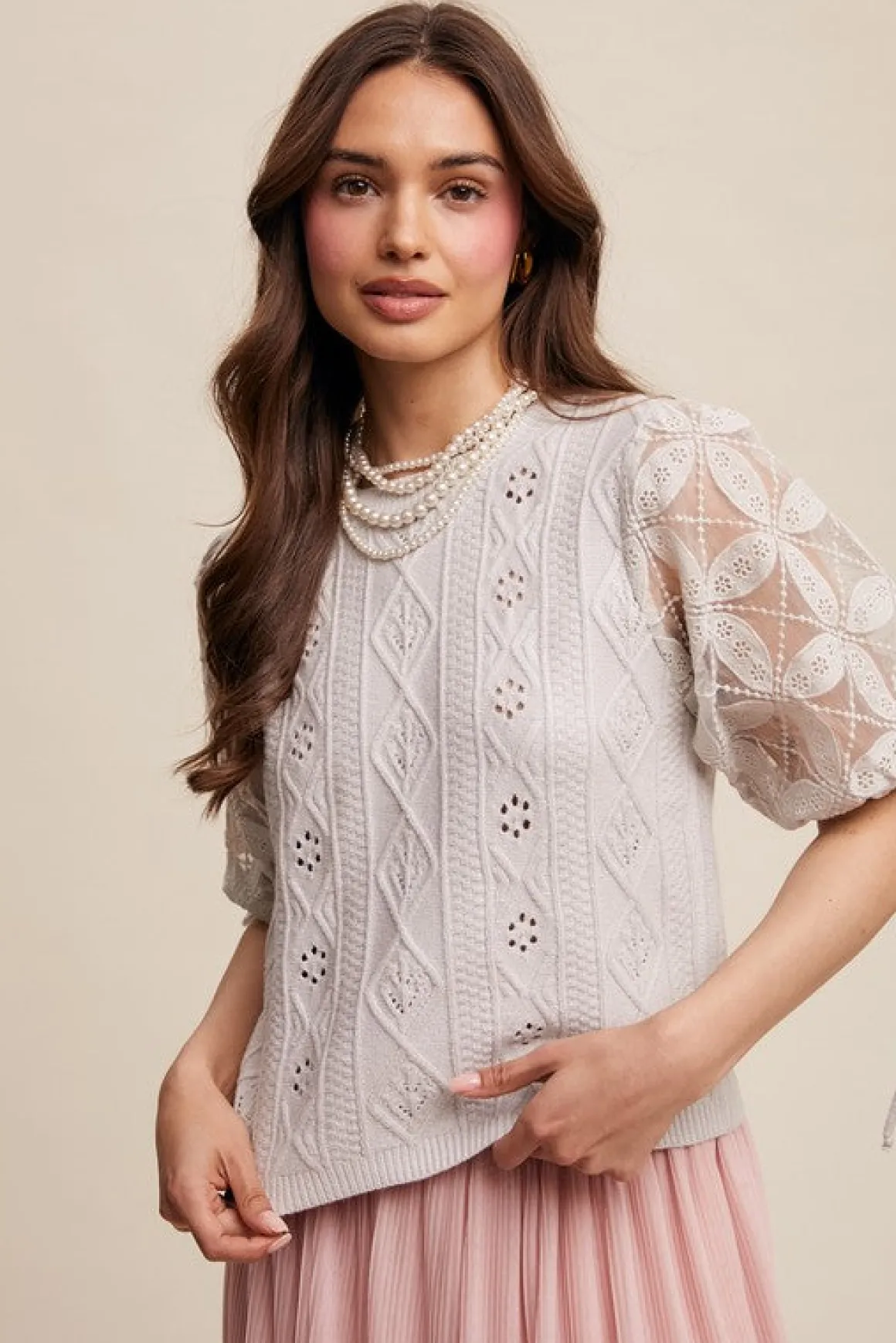 Kristi Short Puff Sleeve Pointelle Knit Sweater Top Stone