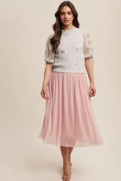 Kristi Short Puff Sleeve Pointelle Knit Sweater Top Stone