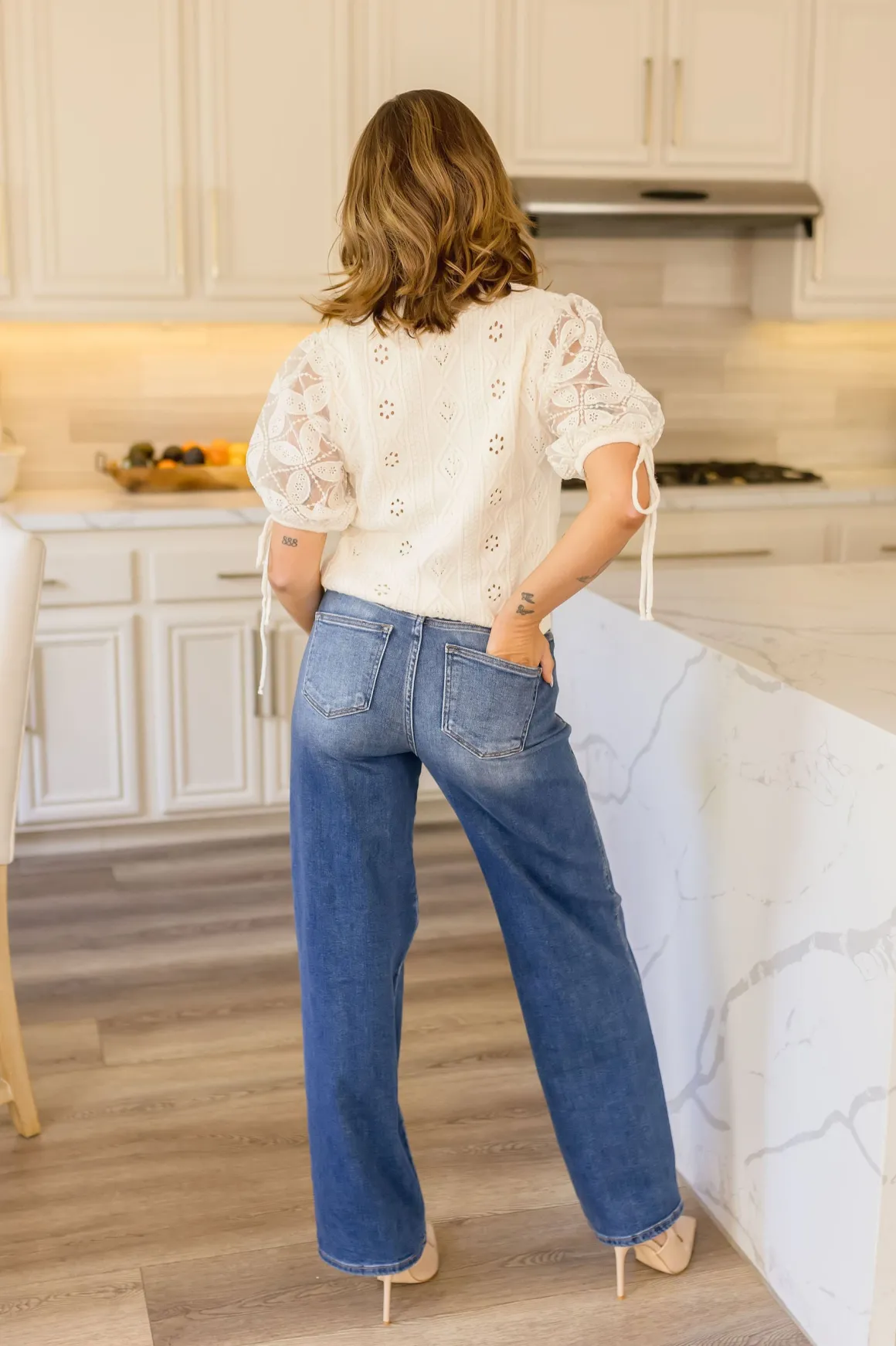 Kristi Short Puff Sleeve Pointelle Knit Sweater Top Cream