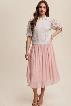 Kristi Short Puff Sleeve Pointelle Knit Sweater Top Stone