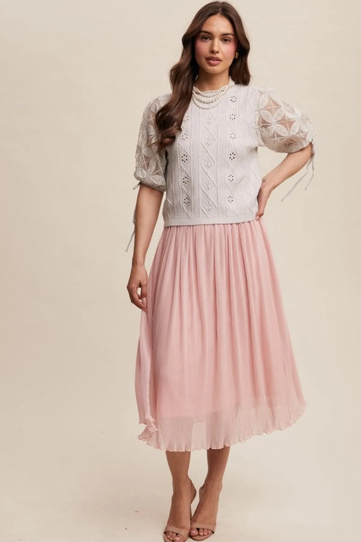 Kristi Short Puff Sleeve Pointelle Knit Sweater Top Stone