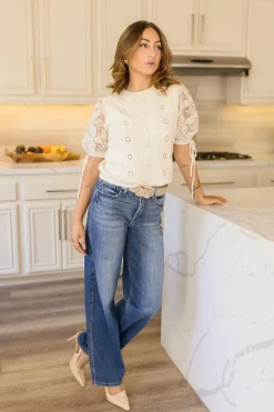 Kristi Short Puff Sleeve Pointelle Knit Sweater Top Cream
