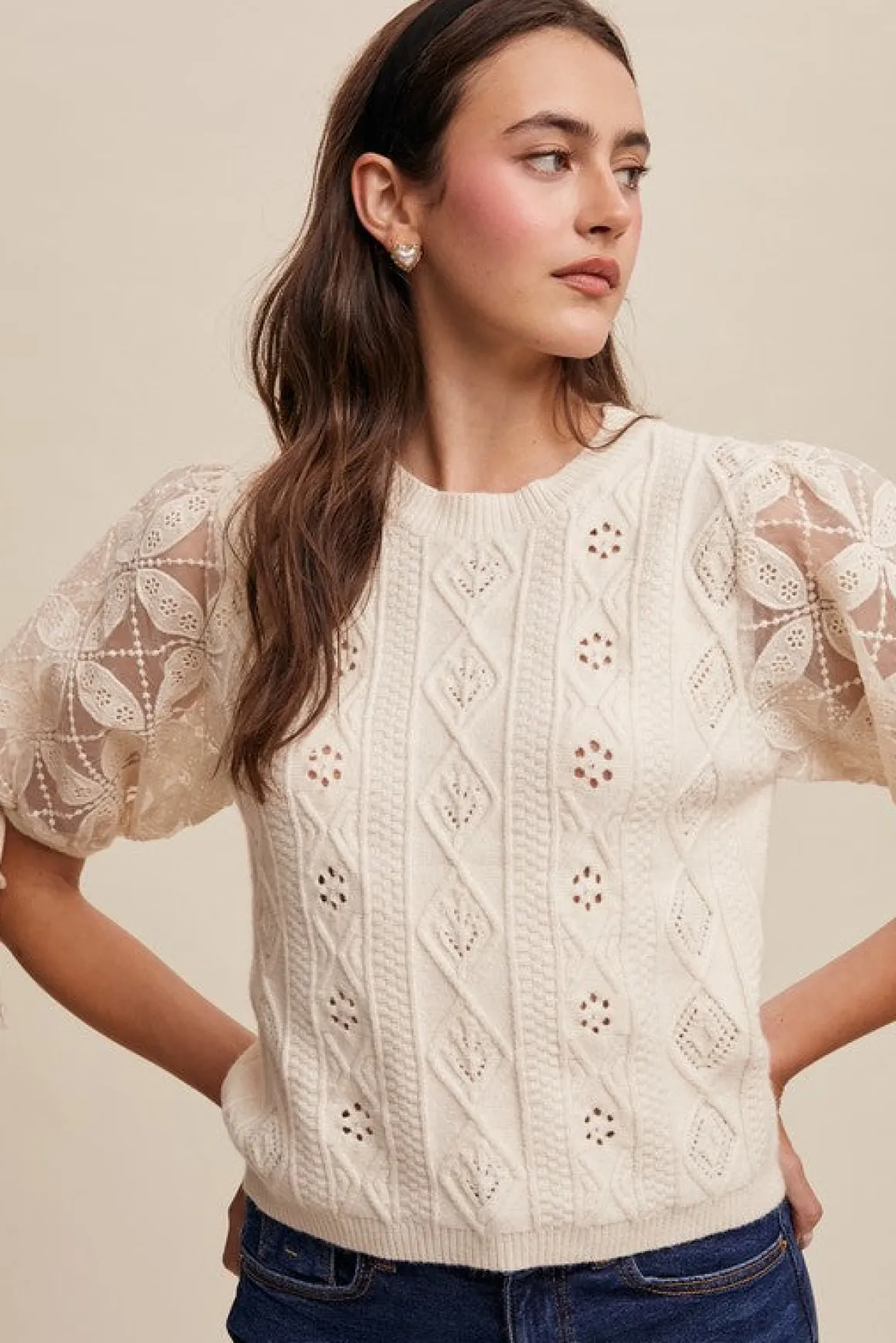 Kristi Short Puff Sleeve Pointelle Knit Sweater Top Cream