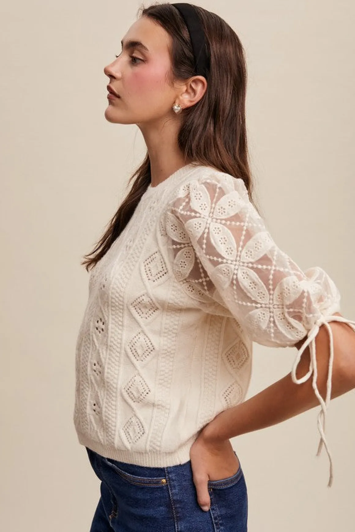 Kristi Short Puff Sleeve Pointelle Knit Sweater Top Cream