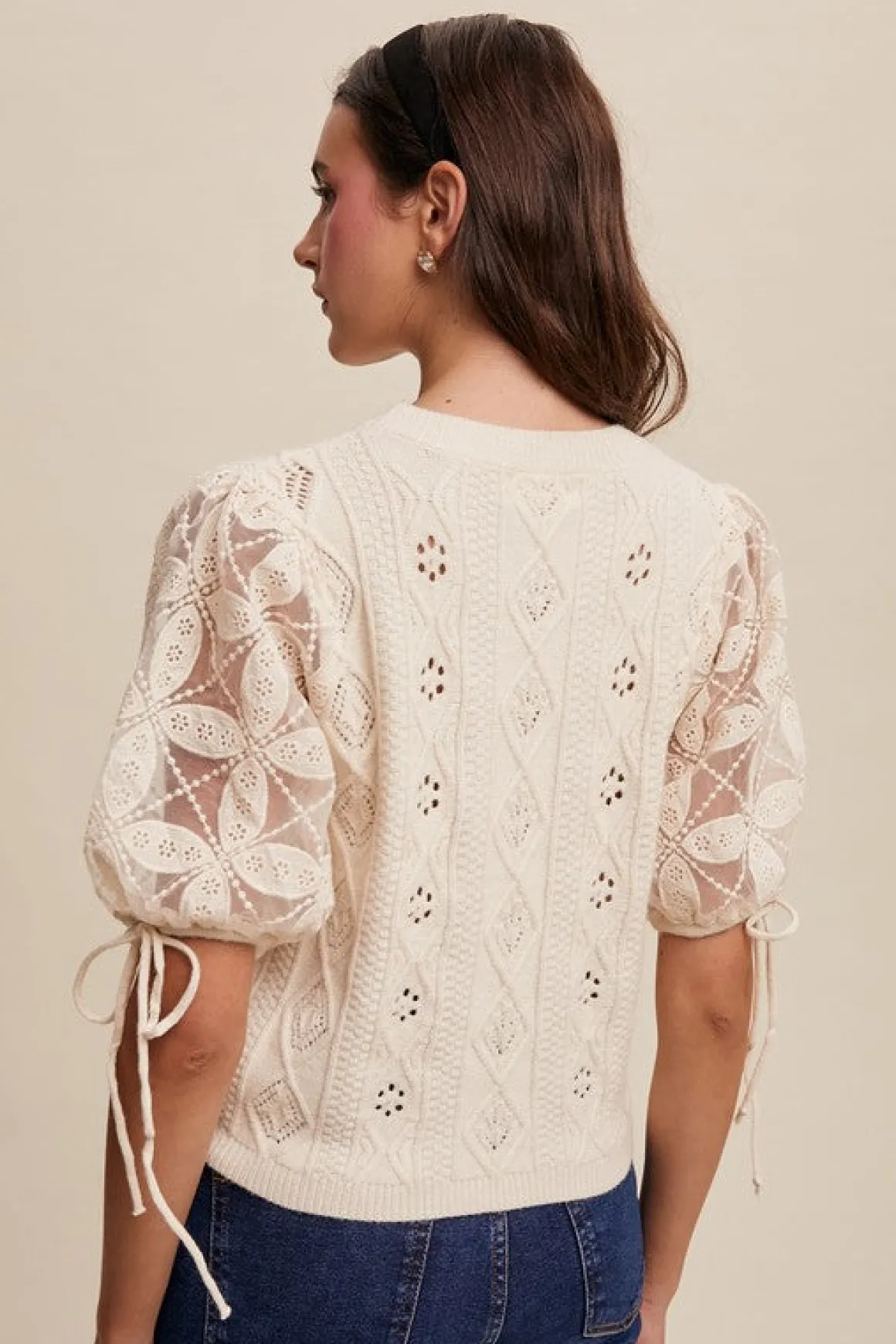 Kristi Short Puff Sleeve Pointelle Knit Sweater Top Cream