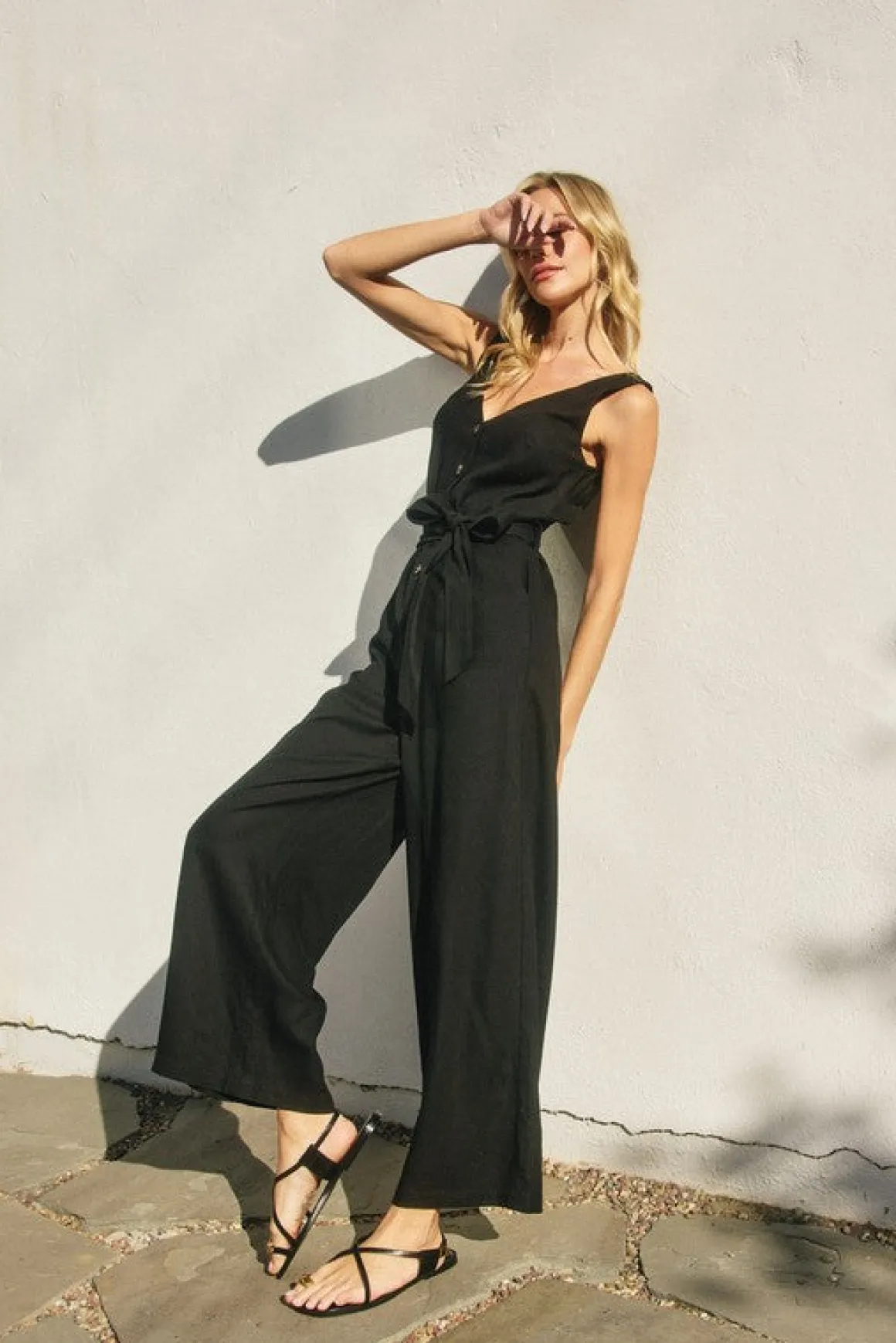 Laila Sleeveless Waist Tie Wide Leg Jumpsuit Black