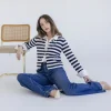Lainey Long Sleeve Button Down Stripe Print Knit Cardigan Navy