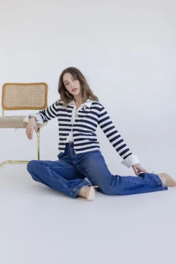 Lainey Long Sleeve Button Down Stripe Print Knit Cardigan Navy