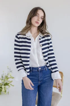 Lainey Long Sleeve Button Down Stripe Print Knit Cardigan Navy
