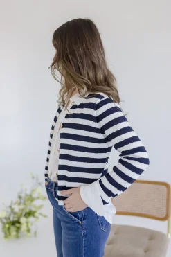 Lainey Long Sleeve Button Down Stripe Print Knit Cardigan Navy