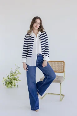 Lainey Long Sleeve Button Down Stripe Print Knit Cardigan Navy