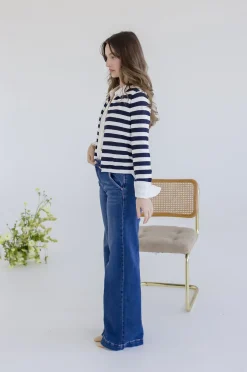 Lainey Long Sleeve Button Down Stripe Print Knit Cardigan Navy
