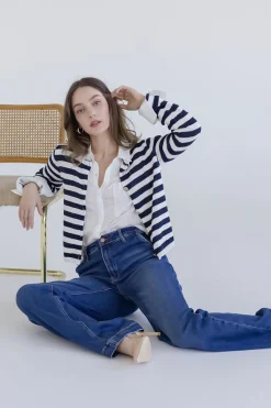Lainey Long Sleeve Button Down Stripe Print Knit Cardigan Navy