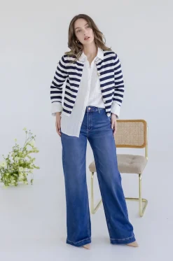 Lainey Long Sleeve Button Down Stripe Print Knit Cardigan Navy