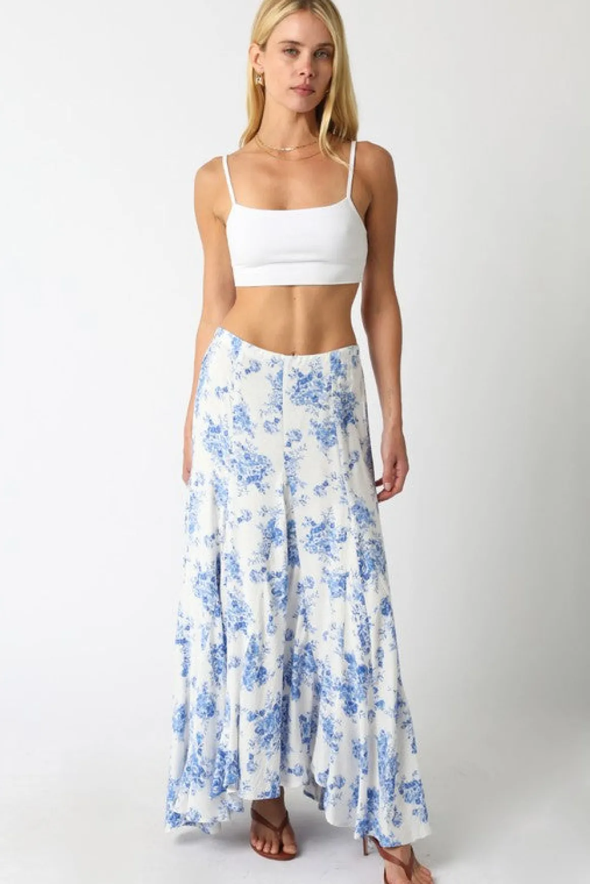 Lana High Waist Ruffle Floral Print Maxi Skirt Blue