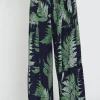 Laura Tropical Print Front Tie Wide Leg Pants Navy