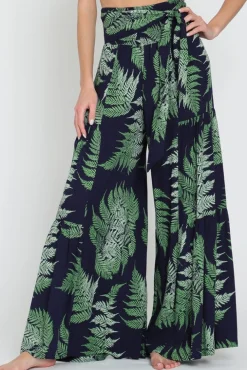 Laura Tropical Print Front Tie Wide Leg Pants Navy
