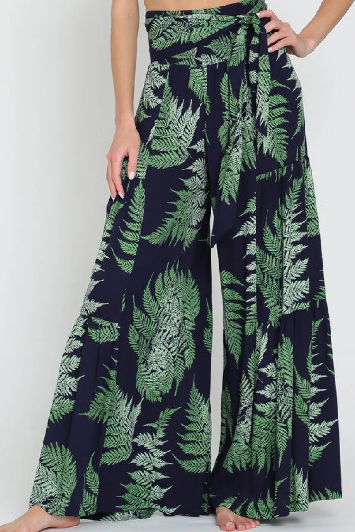 Laura Tropical Print Front Tie Wide Leg Pants Navy