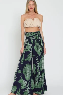 Laura Tropical Print Front Tie Wide Leg Pants Navy