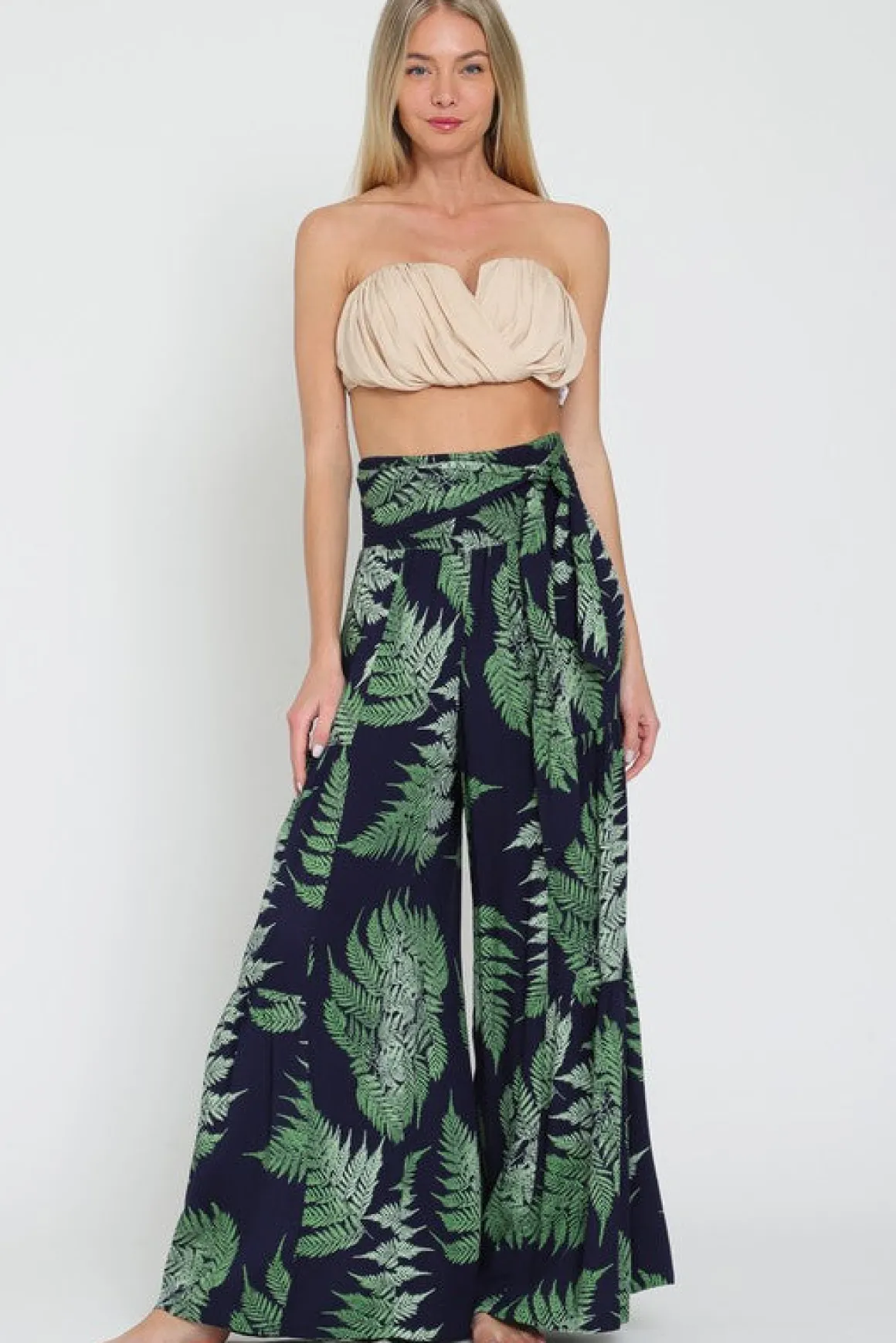 Laura Tropical Print Front Tie Wide Leg Pants Navy