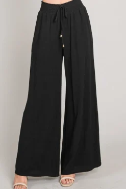 Leah Drawstring Linen Wide Leg Pants Black