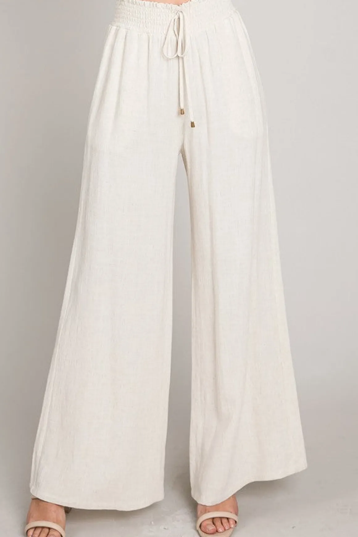 Leah Drawstring Linen Wide Leg Pants Nude