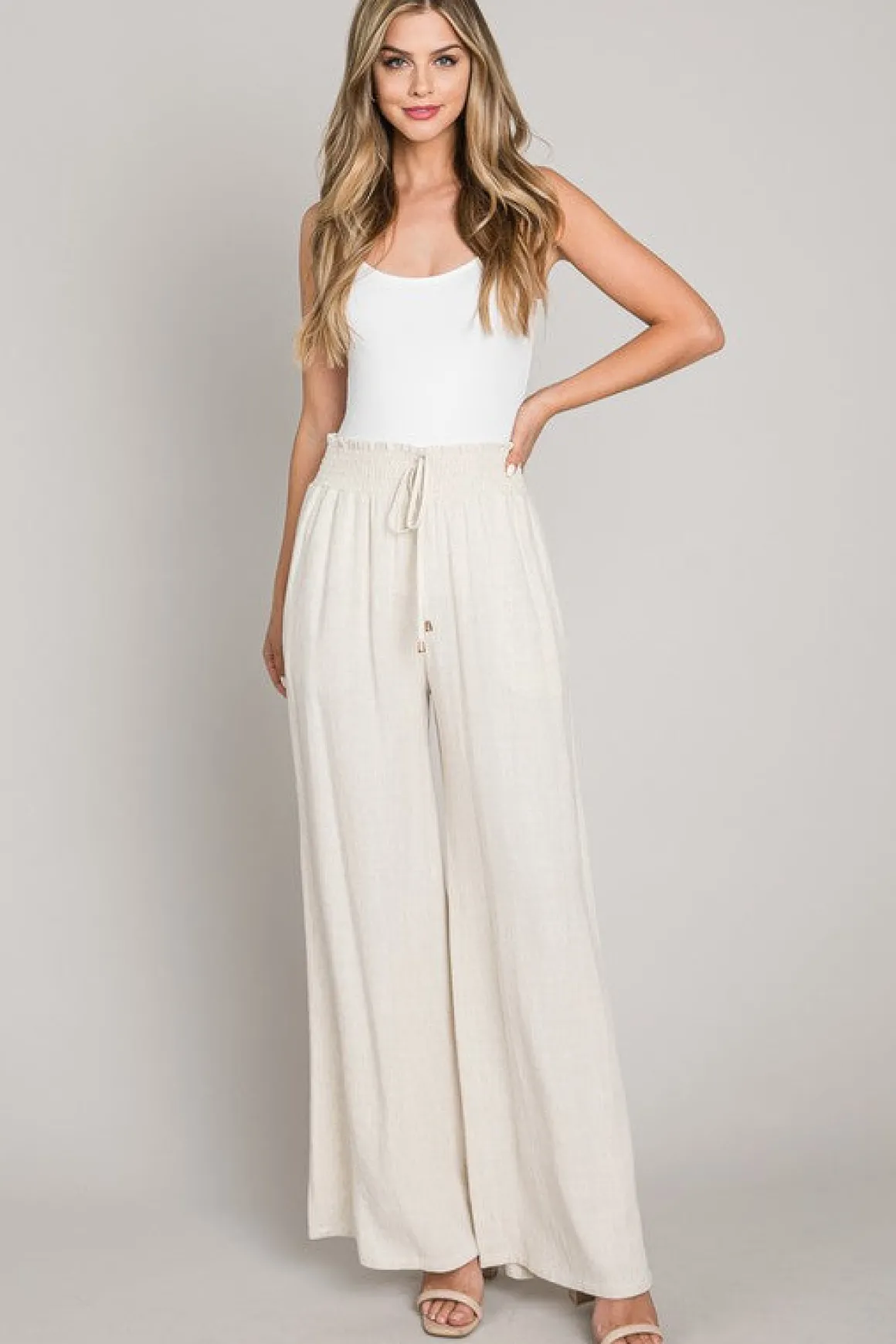 Leah Drawstring Linen Wide Leg Pants Nude