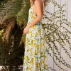 Leanna Sleeveless Cord Halter Tie Lemon Print Maxi Dress Light Blue
