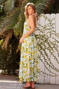 Leanna Sleeveless Cord Halter Tie Lemon Print Maxi Dress Light Blue