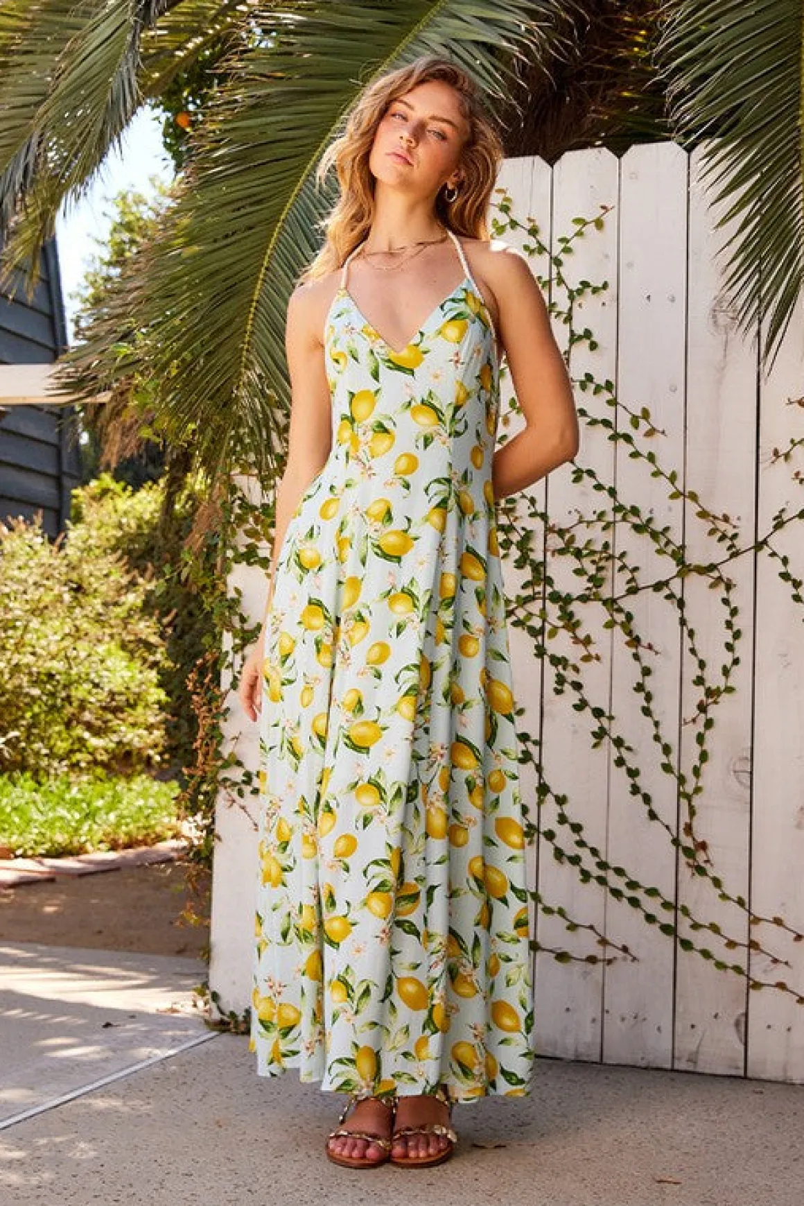 Leanna Sleeveless Cord Halter Tie Lemon Print Maxi Dress Light Blue