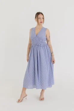 Leigh Sleeveless Stripe Print Shirred Waist Midi Dress Blue