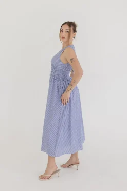Leigh Sleeveless Stripe Print Shirred Waist Midi Dress Blue