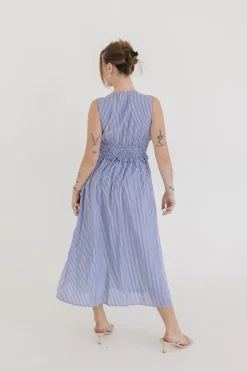 Leigh Sleeveless Stripe Print Shirred Waist Midi Dress Blue