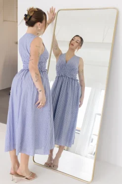 Leigh Sleeveless Stripe Print Shirred Waist Midi Dress Blue