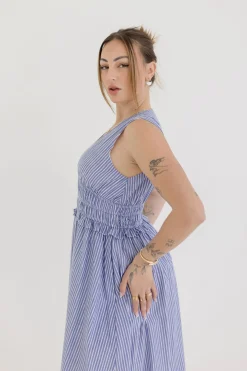 Leigh Sleeveless Stripe Print Shirred Waist Midi Dress Blue