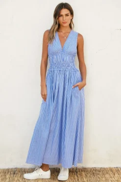 Leigh Sleeveless Stripe Print Shirred Waist Midi Dress Blue
