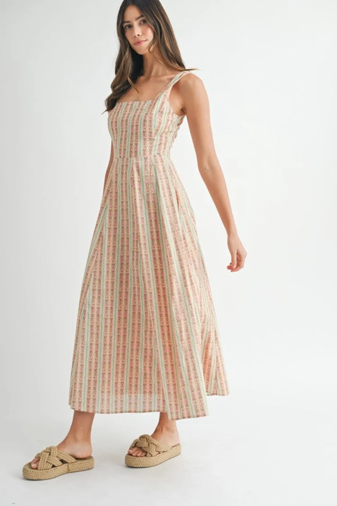 Leni Sleeveless Floral Print Flare Midi Dress Coral