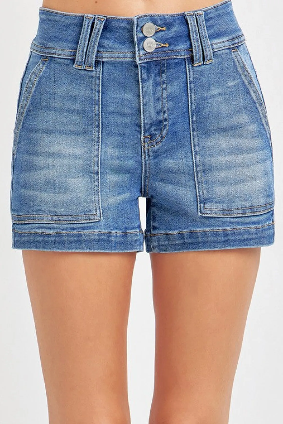 Lennon High Rise Patch Pocket Shorts Medium Wash