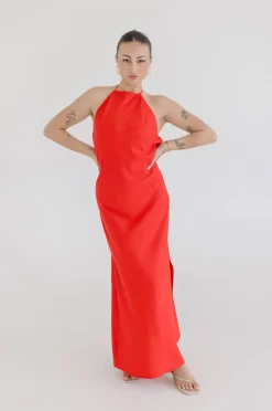 Leticia Sleeveless Halter Tie Maxi Dress Red